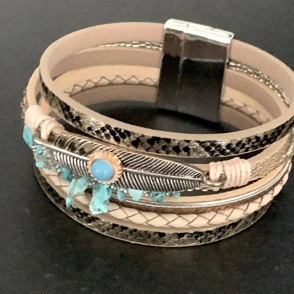 Coastal Meets Western Gold Tone Layered Cuff Bracelet with Faux Turquoise Stones